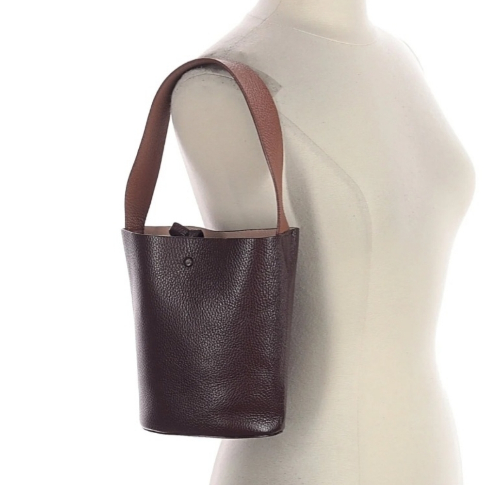 Cuyana Dark Brown Pebbled Leather Bucket Shoulder Bag with Tan Strap